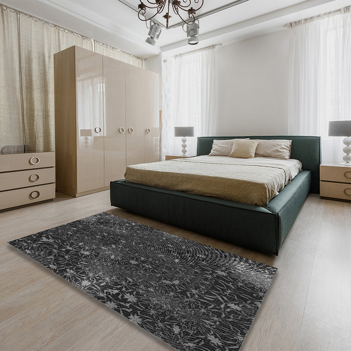Round Machine Washable Transitional Midnight Gray Rug in a Office, wshpat2832gry