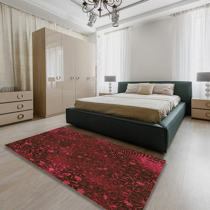 Patterned Saffron Red Rug in a Bedroom, pat2832org