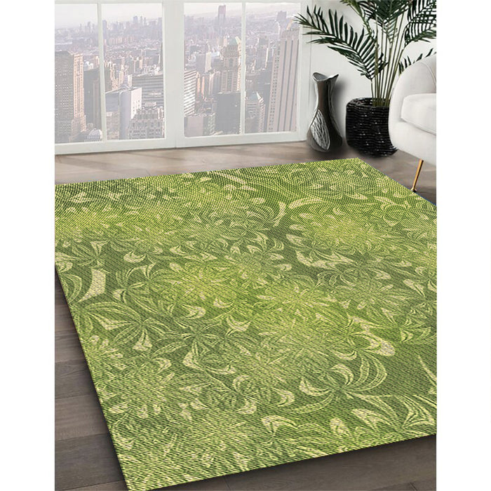 Patterned Green Rug in Family Room, pat2833brn