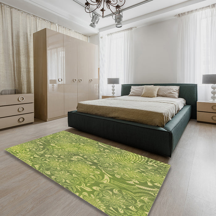 Patterned Green Rug in a Bedroom, pat2833brn