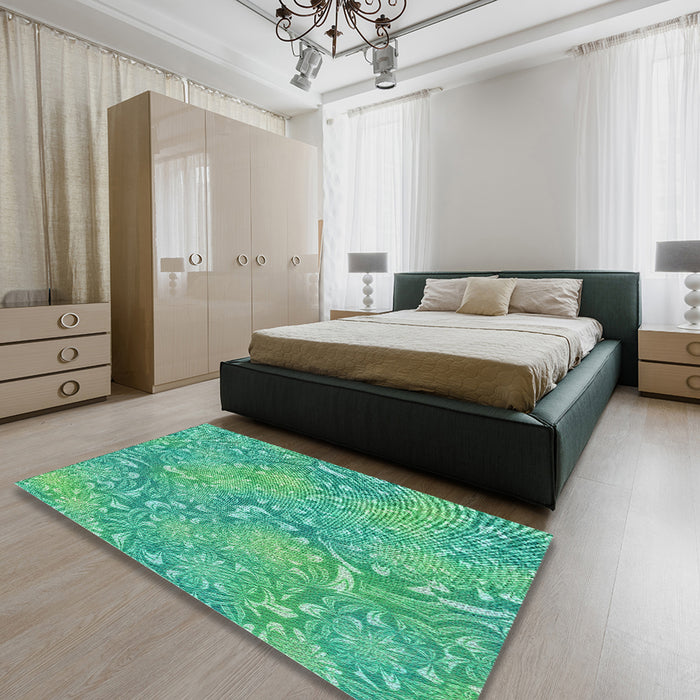 Machine Washable Transitional Turquoise Green Rug in a Bedroom, wshpat2833