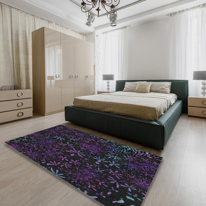 Patterned Purple Navy Blue Novelty Rug in a Bedroom, pat2834