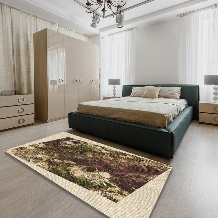 Patterned Yellow Rug in a Bedroom, pat2836brn