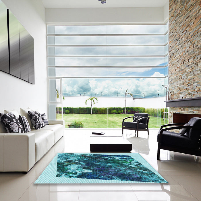 Square Patterned Teal Green Rug in a Living Room, pat2836lblu