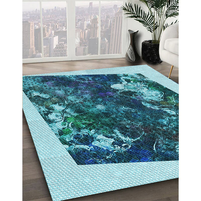 Patterned Teal Green Rug in Family Room, pat2836lblu