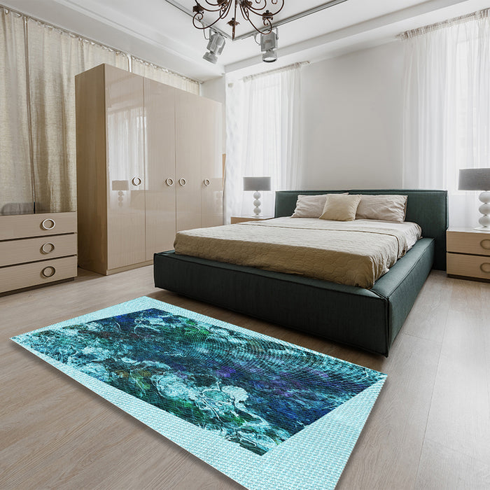Patterned Teal Green Rug in a Bedroom, pat2836lblu