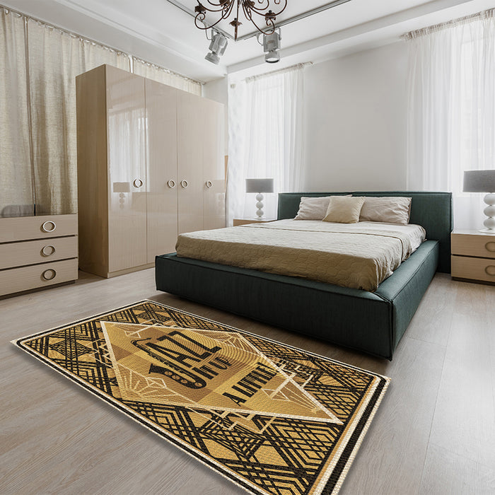 Patterned Yellow Rug in a Bedroom, pat2840brn
