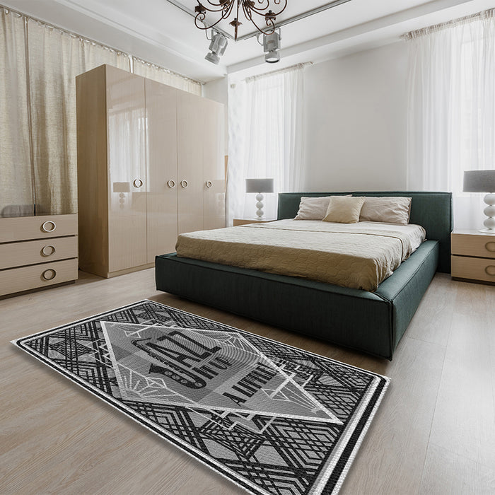 Patterned Charcoal Black Rug in a Bedroom, pat2840gry