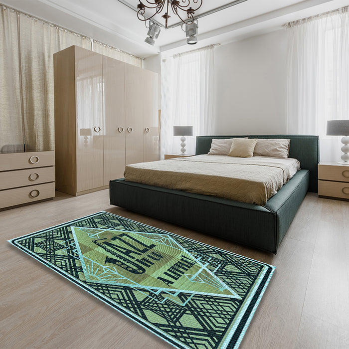 Patterned Dark Slate Grey Green Rug in a Bedroom, pat2840lblu