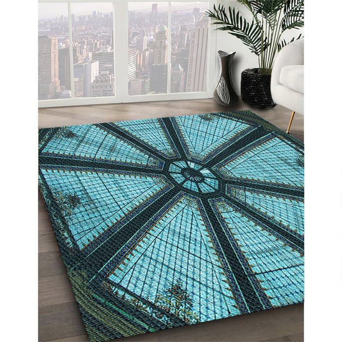 Patterned Turquoise Green Rug in Family Room, pat2841lblu
