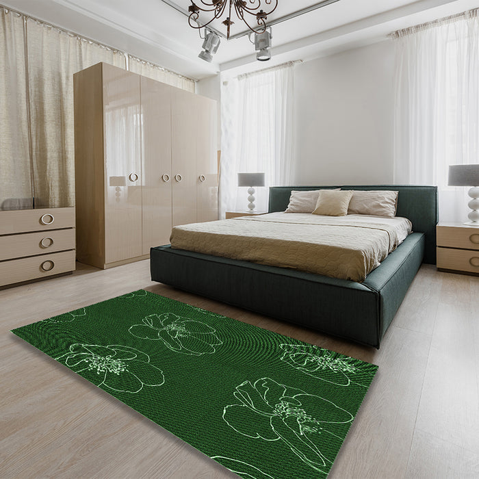 Patterned Dark Forest Green Rug in a Bedroom, pat2845grn