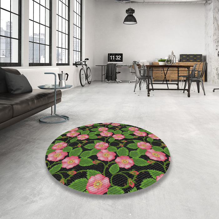 Round Patterned Bakers Brown Abstract Machine Washable Rug in a Office, wshpat2848