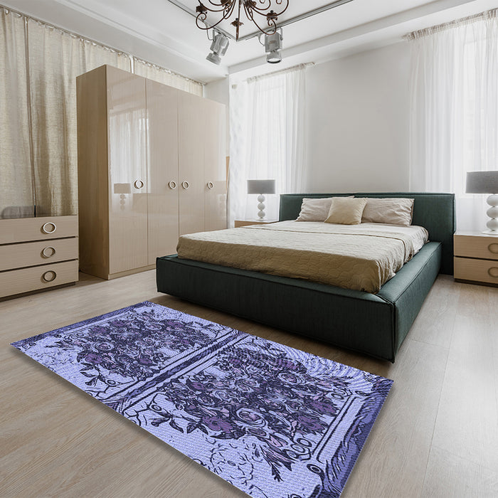 Patterned Blue Rug in a Bedroom, pat2849blu