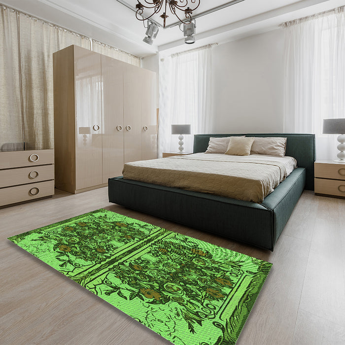 Patterned Green Rug in a Bedroom, pat2849grn