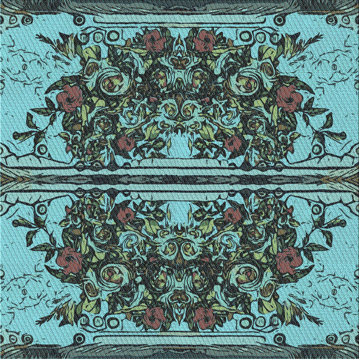 Round Patterned Medium Turquoise Green Rug, pat2849lblu