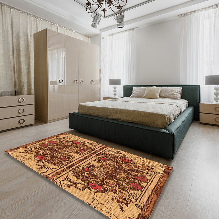 Patterned Saffron Red Rug in a Bedroom, pat2849org