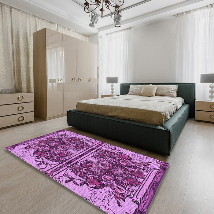 Patterned Dark Magenta Purple Rug in a Bedroom, pat2849pur