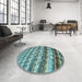 Round Patterned Medium Turquoise Green Rug in a Office, pat285lblu