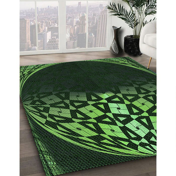 Patterned Dark Lime Green Rug in Family Room, pat2852grn