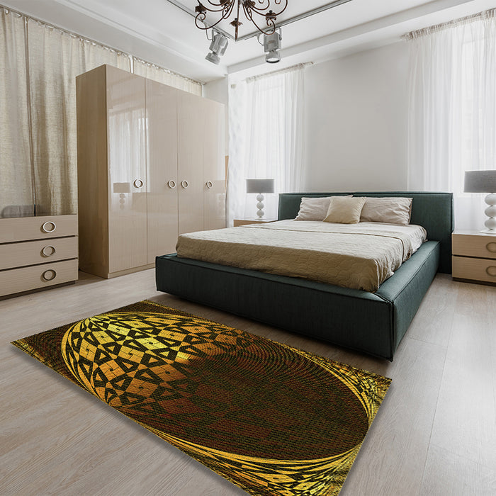 Patterned Black Brown Rug in a Bedroom, pat2852yw