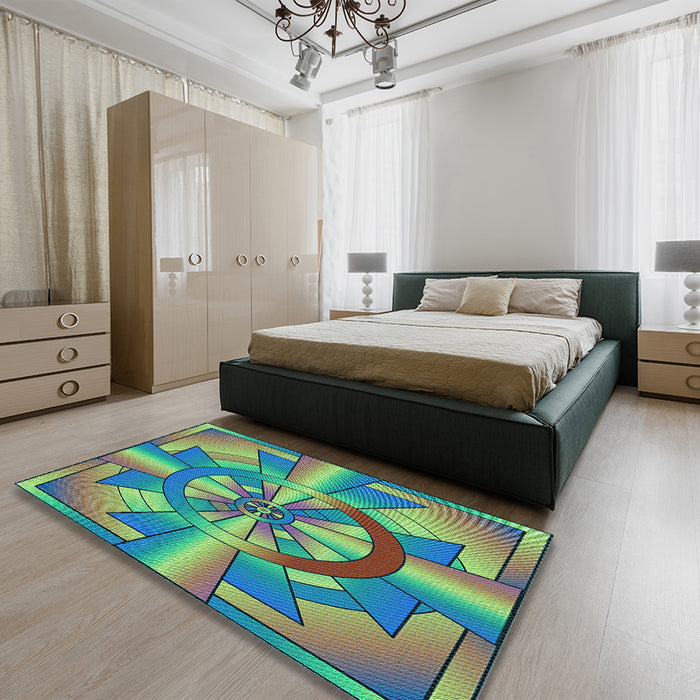 Round Machine Washable Transitional Emerald Green Rug in a Office, wshpat2854lblu