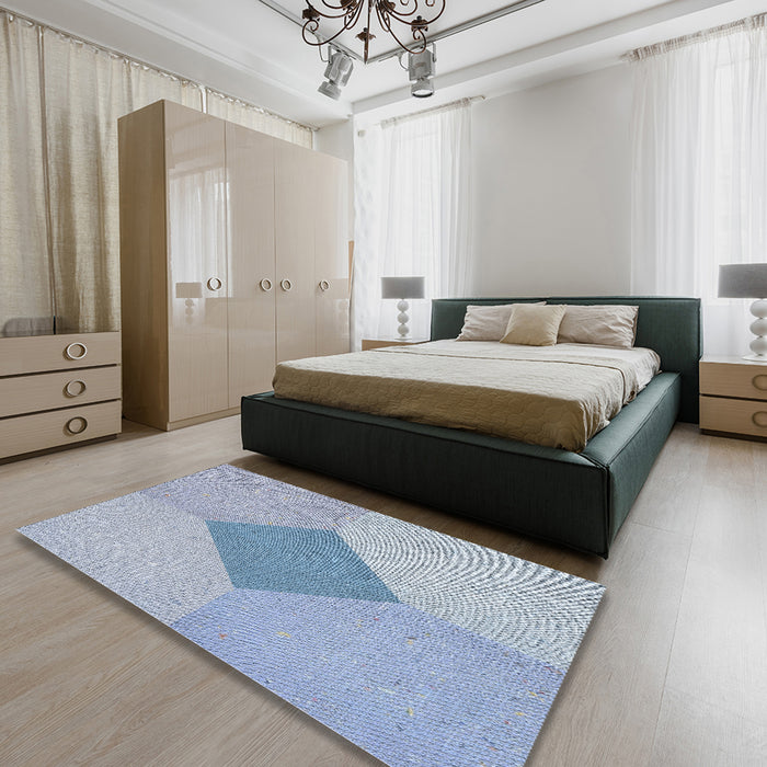 Patterned Steel Blue Novelty Rug in a Bedroom, pat2856