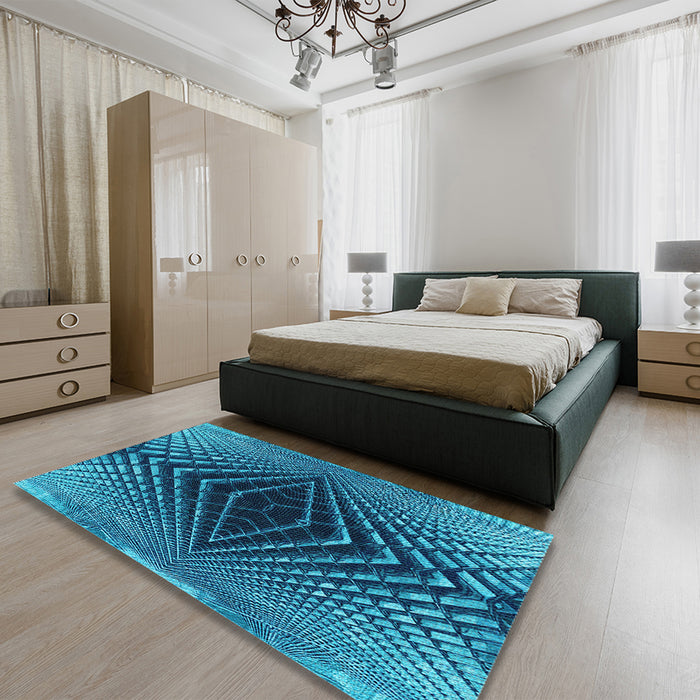 Patterned Bright Turquoise Blue Rug in a Bedroom, pat2862lblu