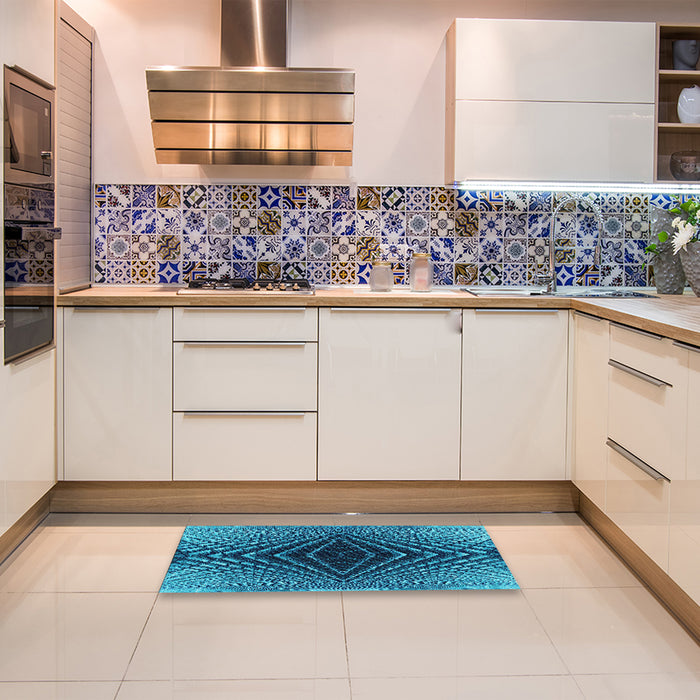 Patterned Bright Turquoise Blue Rug in a Kitchen, pat2862lblu