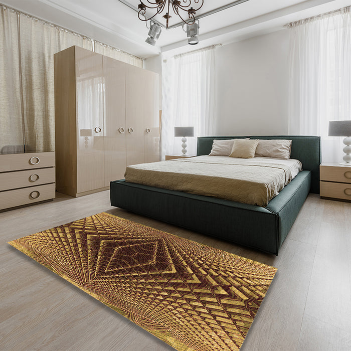 Patterned Orange Gold Rug in a Bedroom, pat2862org