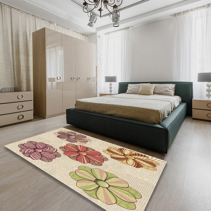 Patterned Khaki Gold Rug in a Bedroom, pat2863brn