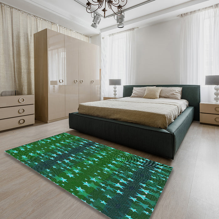Patterned Earth Green Novelty Rug in a Bedroom, pat2869