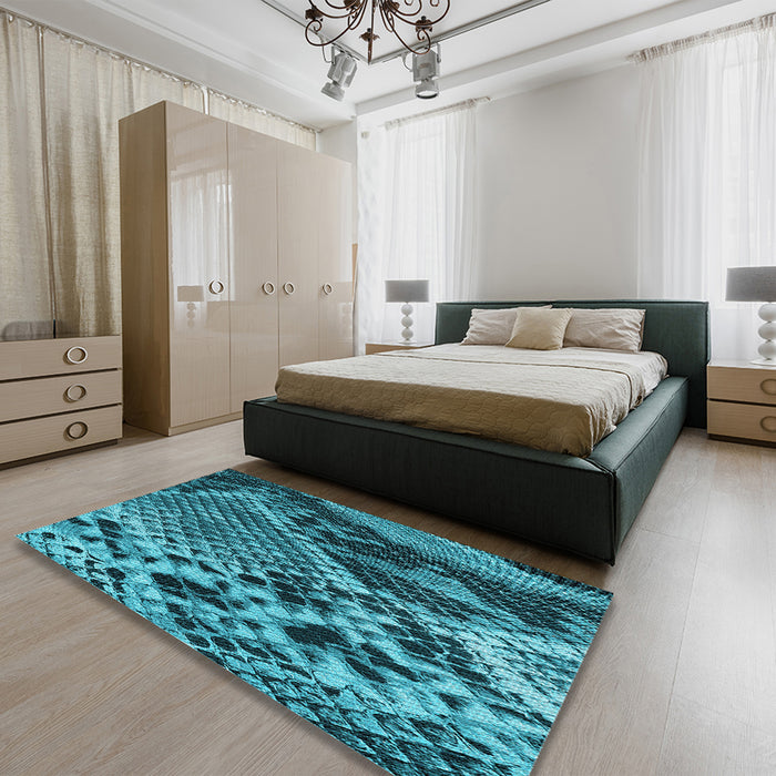 Patterned Bright Turquoise Blue Rug in a Bedroom, pat287lblu