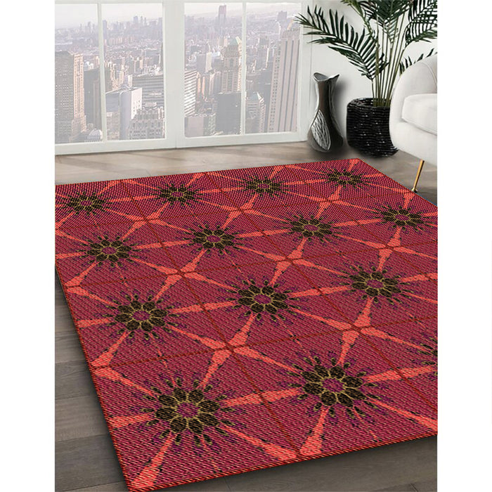 Patterned Red Rug in Family Room, pat2871org