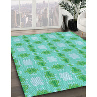 Patterned Turquoise Green Rug, pat2880lblu