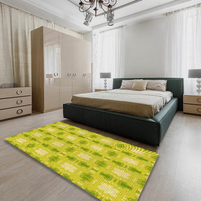 Patterned Yellow Rug in a Bedroom, pat2880yw