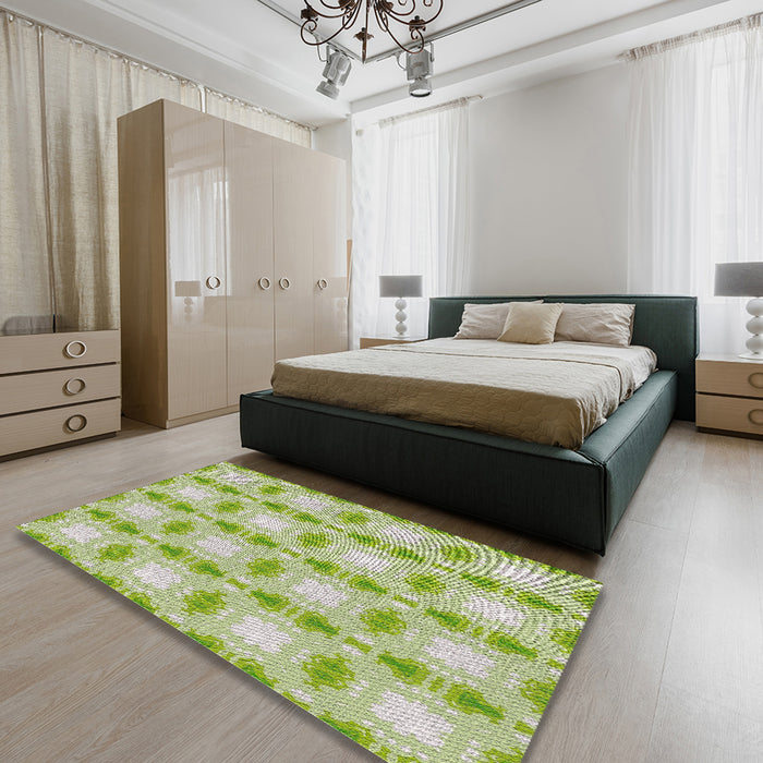 Patterned Tea Green Novelty Rug in a Bedroom, pat2880