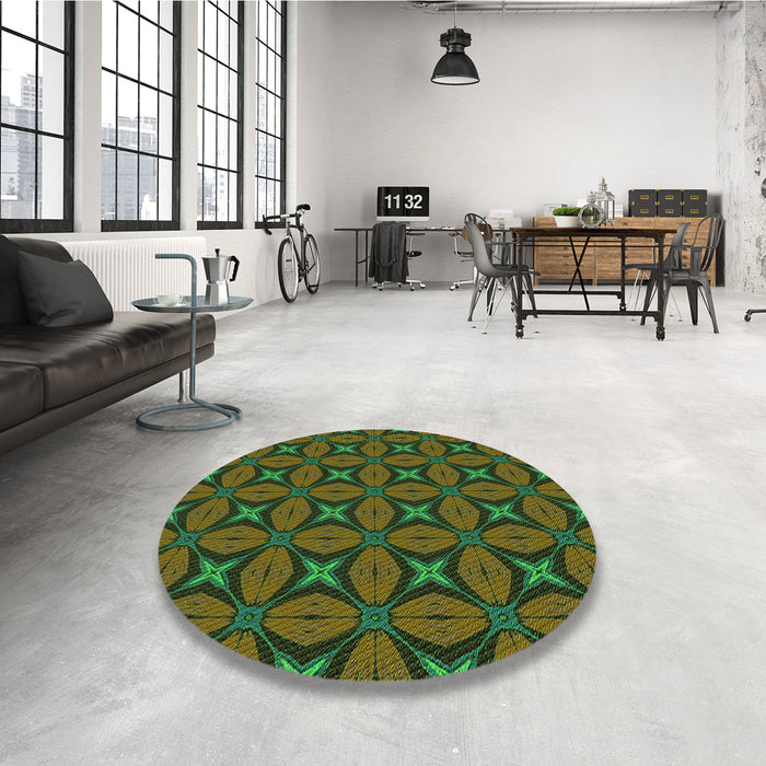 Round Patterned Olive Green Rug in a Office, pat2881grn