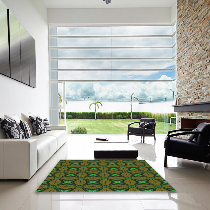 Square Patterned Olive Green Rug in a Living Room, pat2881grn