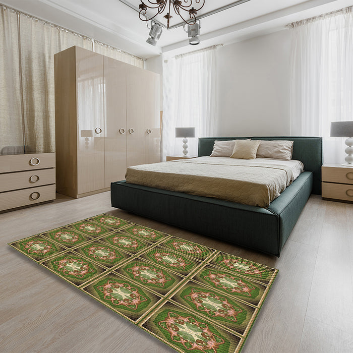 Patterned Dark Golden Brown Rug in a Bedroom, pat2883brn