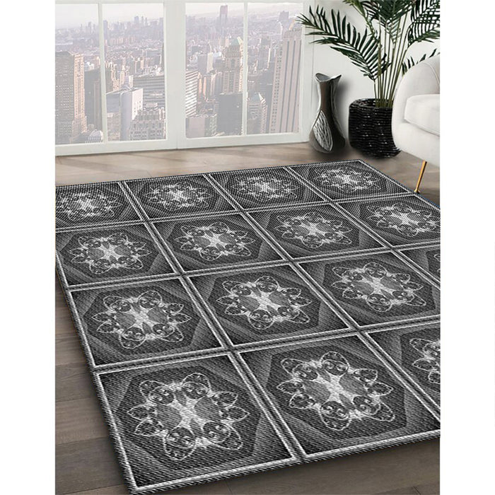 Patterned Black Rug in Family Room, pat2883gry
