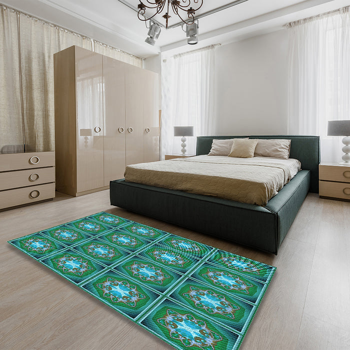 Patterned Deep-Sea Green Rug in a Bedroom, pat2883lblu