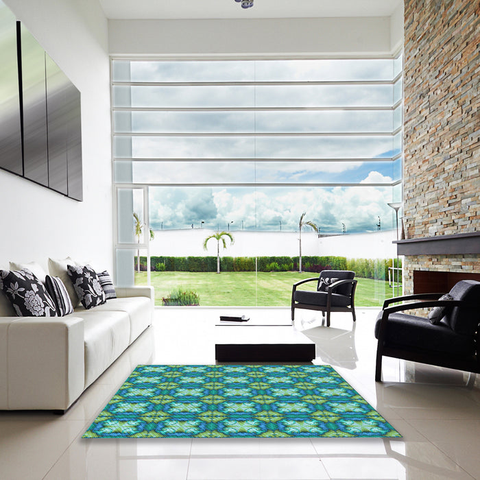 Square Patterned Turquoise Green Rug in a Living Room, pat2886lblu