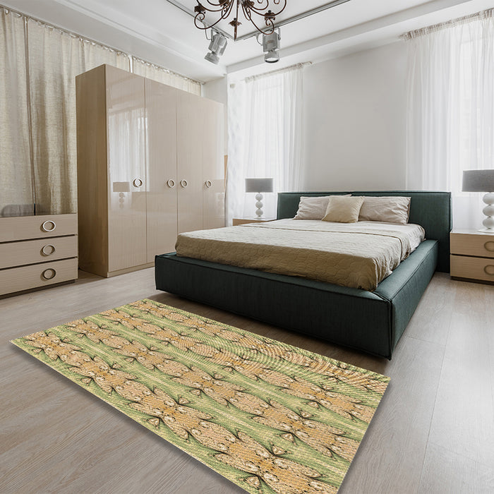 Patterned Dark Golden Brown Rug in a Bedroom, pat2893brn