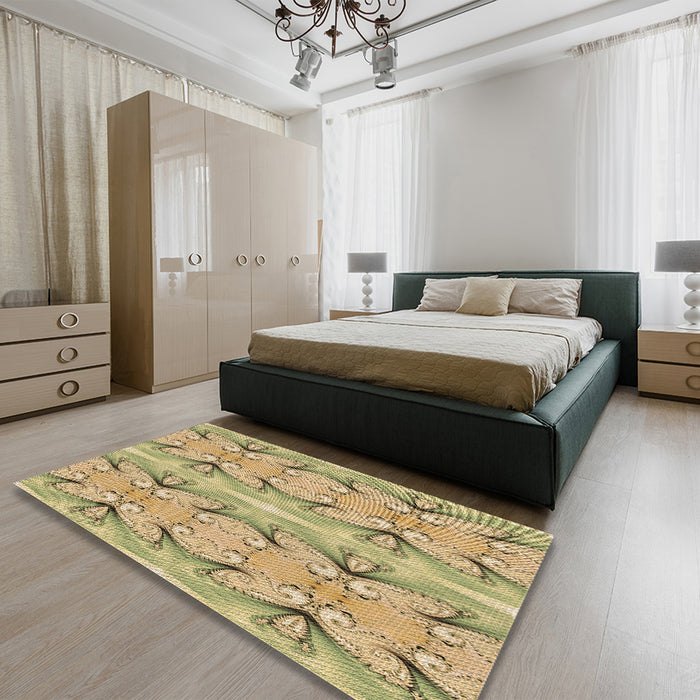 Patterned Dark Golden Brown Rug in a Bedroom, pat2895brn