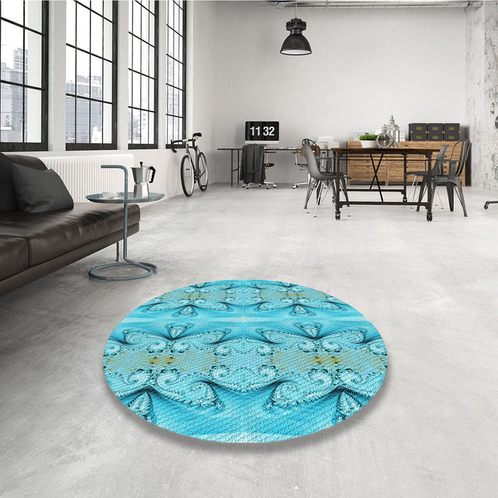 Round Patterned Dark Turquoise Green Rug in a Office, pat2895lblu