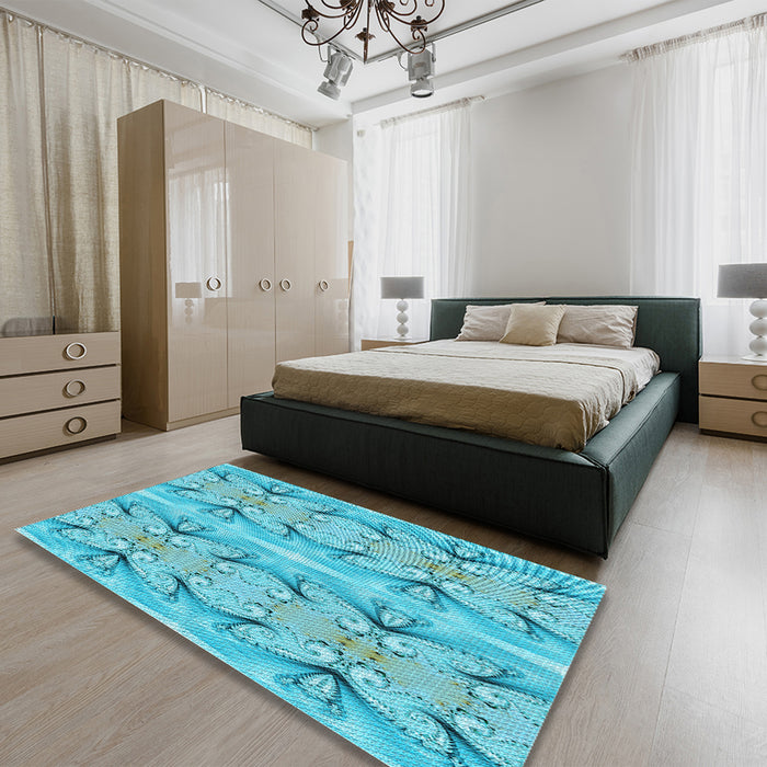 Patterned Dark Turquoise Green Rug in a Bedroom, pat2895lblu