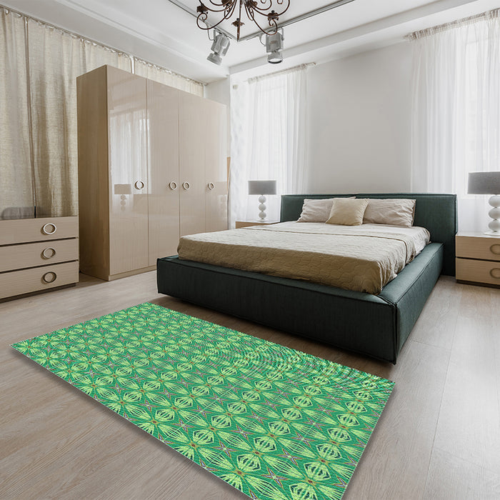 Patterned Green Rug in a Bedroom, pat2897lblu