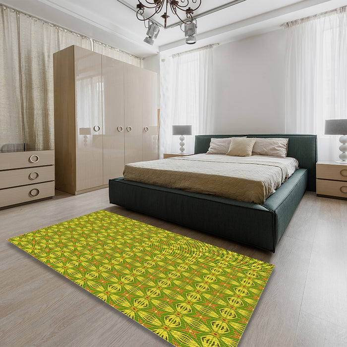 Patterned Dark Yellow Green Rug in a Bedroom, pat2897yw