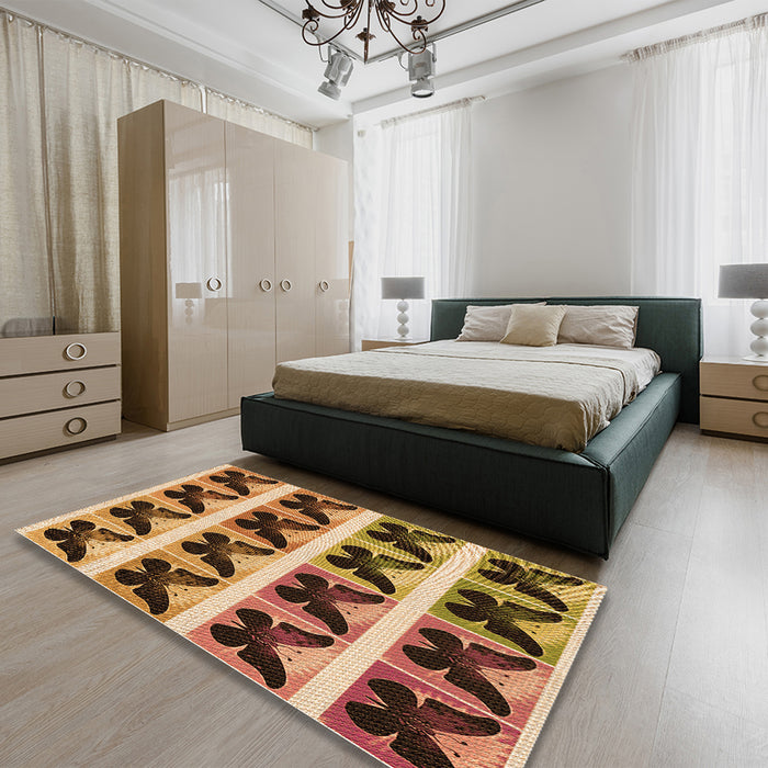Patterned Red Brown Rug in a Bedroom, pat2899org