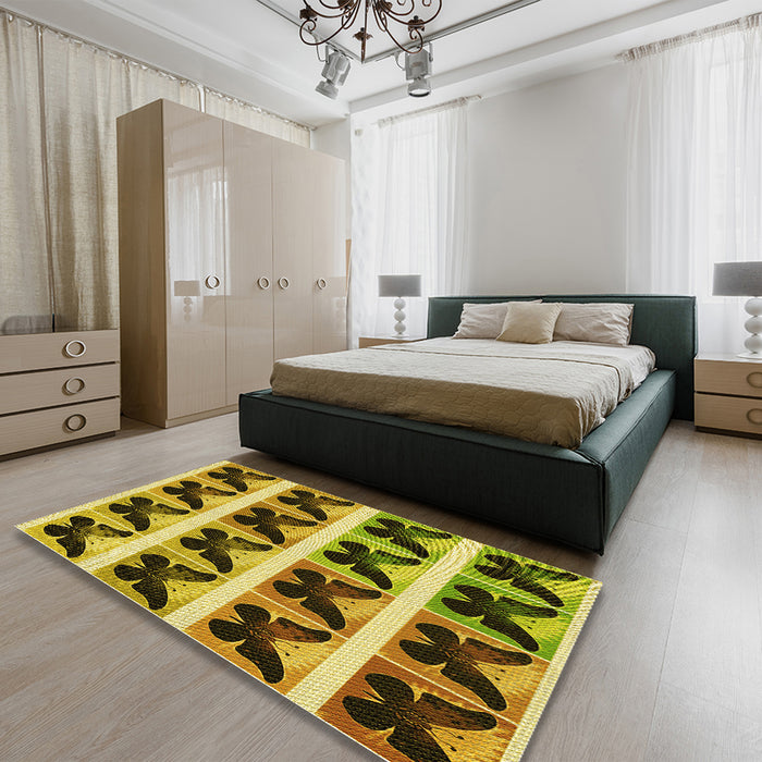 Patterned Dark Bronze Brown Rug in a Bedroom, pat2899yw